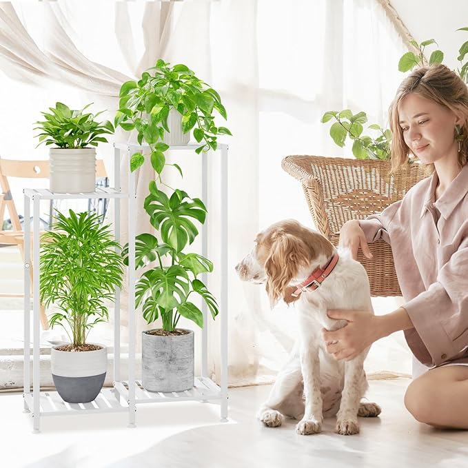 iDavosic.ly 4 Tier Plant Stand Indoor with Wheels, Metal Tiered Corner Flower Holder Shelf Outdoor for Large Pots, Tall Rolling Rack for Patio Porch Garden Balcony Living Room, White