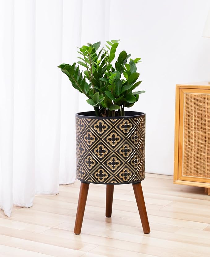 10 Inch Plant Pot with Stand, Planter for Indoor Plants, Modern Large Flower Planter Pot with Drainage Holes for Outdoor, Black ＆ Gold