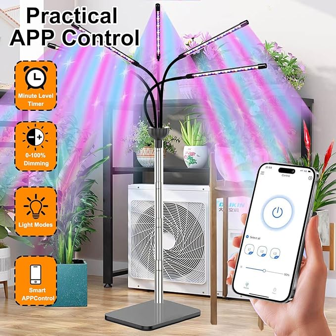 Grow Light for Indoor Plants 12-65 Inches Height Adjustable Plant Growing Lamps 5 Heads Red Blue Full Spectrum LED Auto On/Off Timer (Full Spectrum, Five Heads)