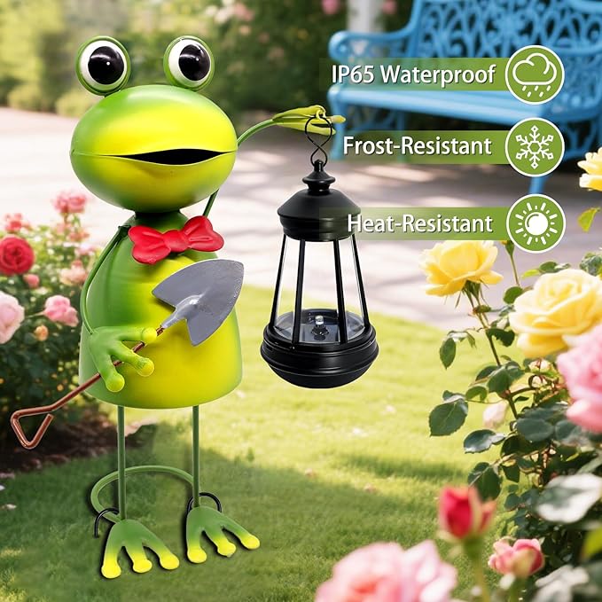 Solar Garden Lights Frog Statue,13.78in Tall Frog with Lantern Waterproof, Christmas Birthday Gifts for Women Mom Grandma, Big Metal Frog Stakes Decorative for Home Front Patio Balcony Yard Art Lawn