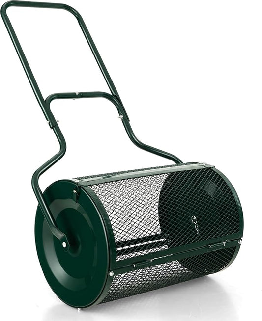 Goplus 24 inch Compost Spreader for Lawn, Lightweight Metal Mesh Lawn Roller Double Side Latches for Topdressing & Seedling, Fertilizer Topsoil Peat Moss Spreader Roller, Garden Yard Care (Green)