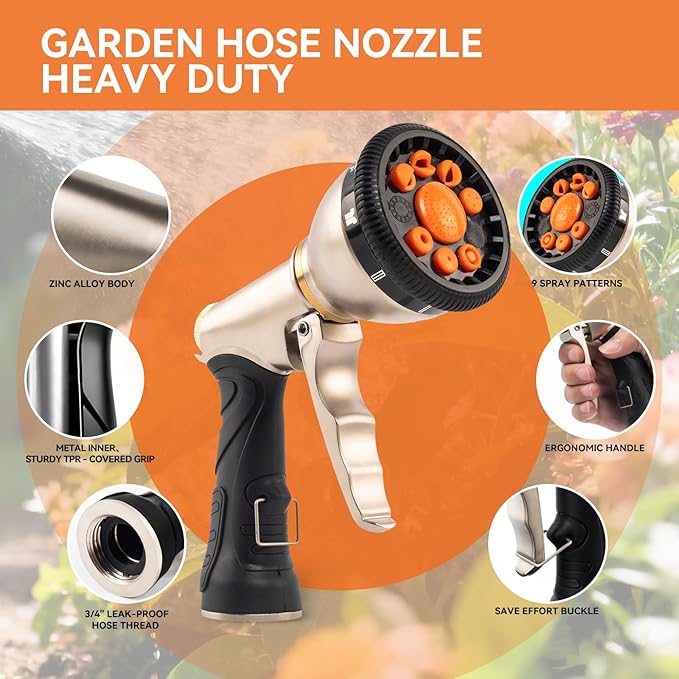 360° Rotating Hose Nozzle with Lock Function - 9 Spray Modes, Anti-Slip Grip, for Gardening, Car Wash & Pool Maintenance (Front Trigger)