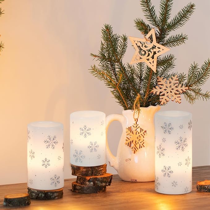 GenSwin Christmas Flameless Candles with Timer, LED Flickering Candles Real Wax with Silver Snowflake Decals, 3 Pack Pillar Candle for Winter Indoor Fireplace Christmas Decor(D3” x H4”5”6”)