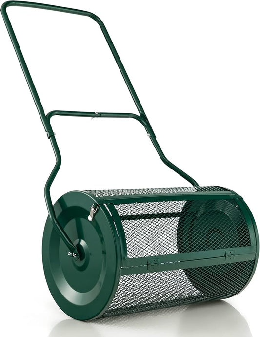 Goplus 24" Compost Spreader, Peat Moss Spreader w/Upgrade U-Shaped Handle, Side Latches, Heavy Duty Metal Mesh Lawn Roller for Topdressing & Seedling, Garden & Lawn Yard Care Manure Spreader, Green