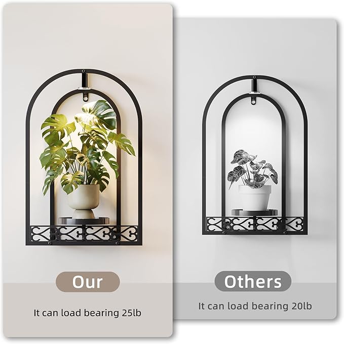 Wall Planter Holder with Light, Metal Arch Frame Hanging Plant Stand with Grow Lights, Modern Black Iron Wall Decor for Indoor Outdoor Living Room, Balcony & Garden 2 Pack Black