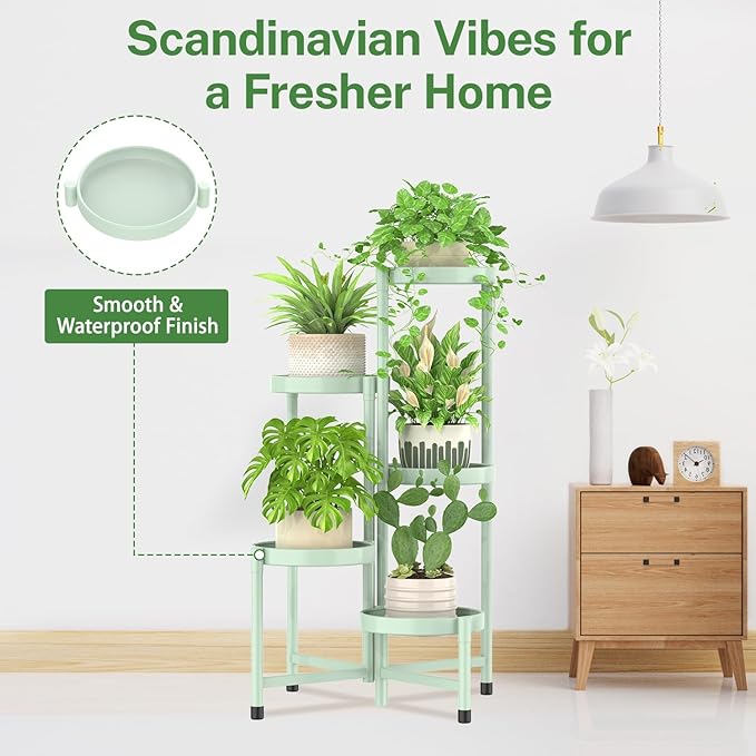 iDavosic.ly Plant Stand Indoor Outdoor, 5 Tier Corner Metal Flower Display Holder Shelf, Easy Assembly Folding Tall Orchid Rack for Patio Balcony Porch Garden Living Room House, Light Green