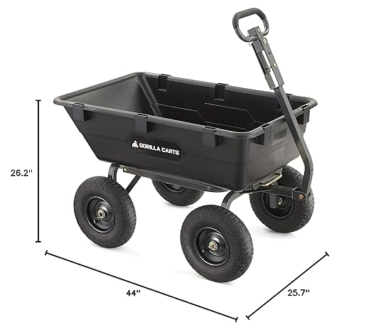 Gorilla Carts Heavy-Duty Poly Yard Dump Cart, 6 Cu Ft Tub, 1200 lb Haul Capacity, Black – Towable Utility Wagon with Quick-Release Dumping & Pneumatic Tires for Landscaping and Gardening