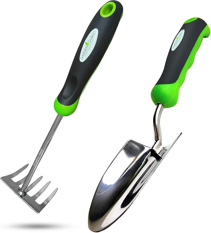 Garden Guru Garden Tool Set 2pc Hand Trowel, Cultivator Rake – Heavy Duty Stainless Steel - Ergonomic Comfort Grip Handle – Perfect Gardening Tool Kit Gift for Women and Men