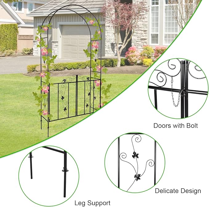 Outdoor Garden Arbors with Gate Door 7’ H x 3’7’’ W Metal Garden Arch Plants Growing for Wedding Party