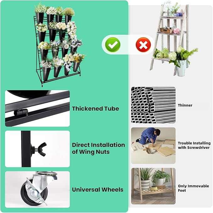 Flower Display Stand with Buckets, 4 Layers 16PCS Buckets Metal Flower Cart Display Stand with Wheels, for Patio Garden, Living Room (4 Layers Black Round Bucket)
