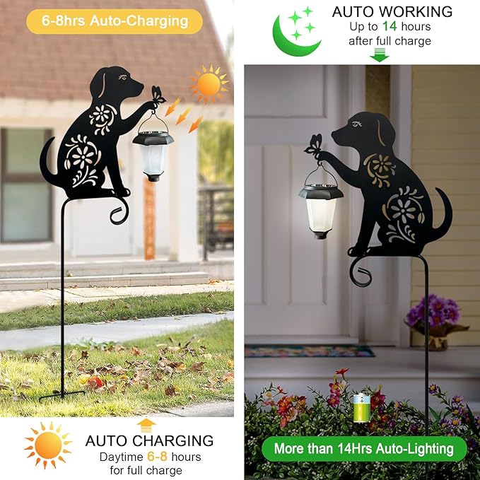 Dog Solar Lights Outdoor Garden,Hokfirm Beagle Dog Statues Outdoor,Metal Dogs Solar Lantern Garden Stakes for Yard,Lawn