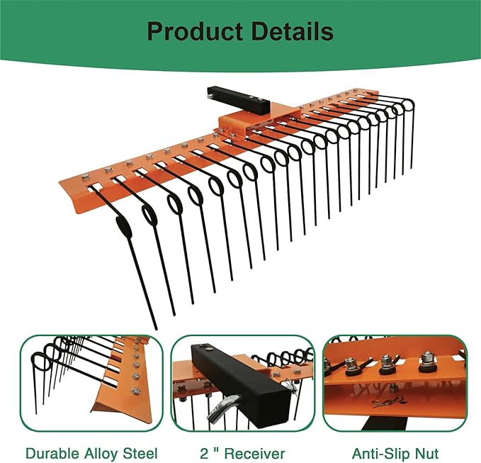 48" Durable Pine Straw Rake Steel Spring Landscape Rake Fits 2" Receiver for Lawn Tractors or ATV/UTV，Orange