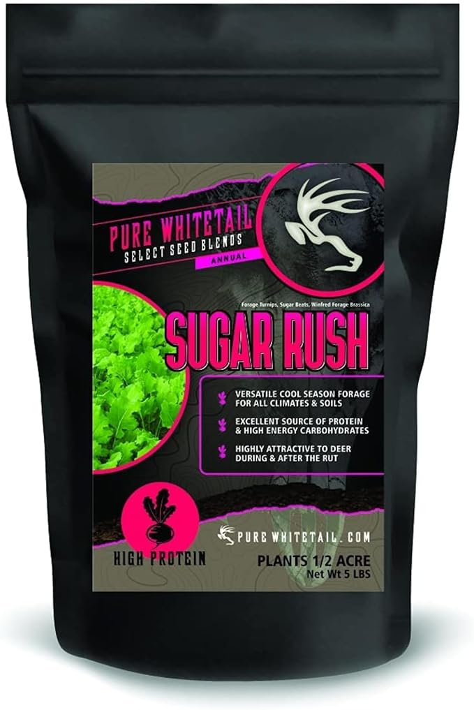 Sugar Rush | Select Seed Blends | Easiest Deer Feeder | Late Season Whitetail Deer Food Plot | Turnip, Sugar Beet, Winfred Forage Brassica Seeds | Plants 1/2 Acre | 5 lb Bag