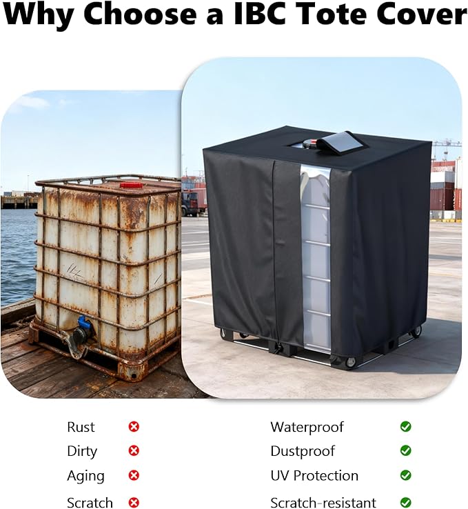 IBC Tote Cover, 420D Silver Coated Waterproof Oxford Cloth for 1000L IBC Container Rain Water Tank Outdoor 275 Gallon Rain Barrel Foil Anti-Dust Cover, Sun Protection Anti-UV