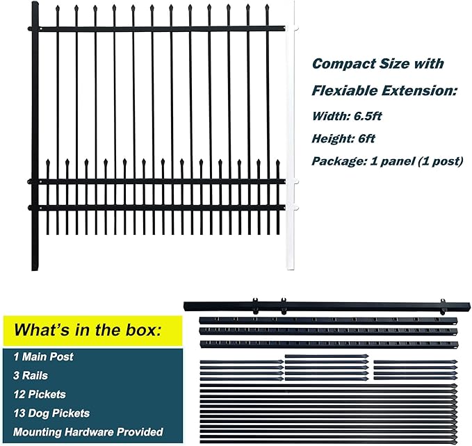 Metal Fence Panels with Dog Pickets, 6ft H x 6.5ft W Galvanized Steel Fence DIY Installation for Outdoor Garden Fence incl. 1 Fence Post, Wrought Iron Style Steel Fencing, Black (Upgraded)