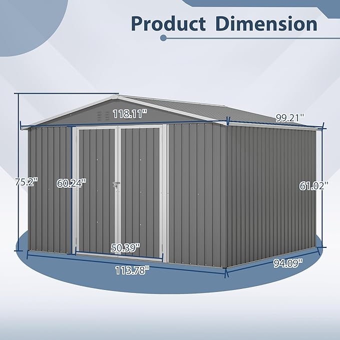 Favfurish 10×8 FT Metal Outdoor Storage Shed, Large Garden Sheds with Lockable Doors, All Weather Anti-Corrosion Galvanized Steel Tool House for Backyard Garden Lawn,Grey