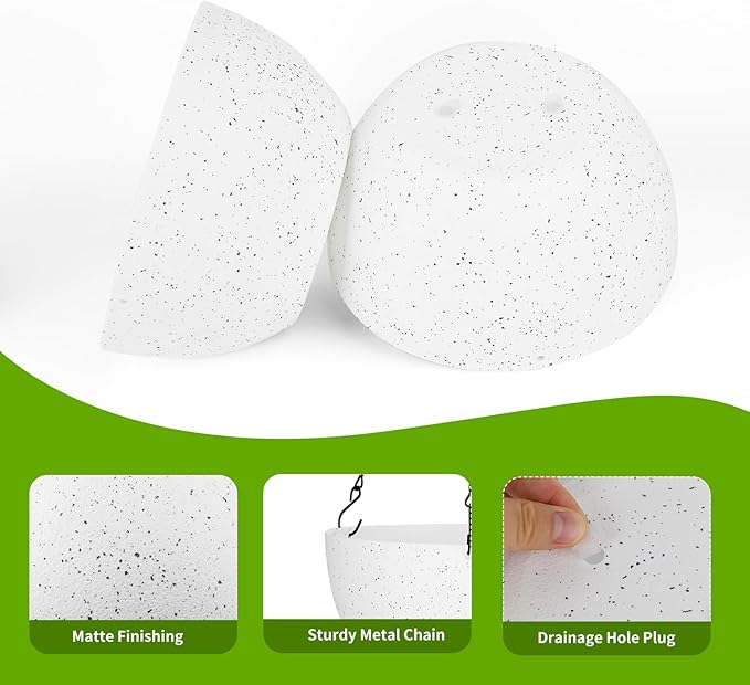 13 inch Hanging Planters for Indoor Outdoor Plants, 2 Pack Hanging Pots with Drainage Holes and Chain, Plastic Hanging Flower Pots for Garden Home Decor, Speckled White