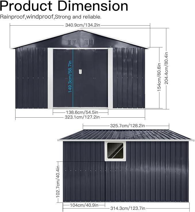 11.2x10.6 FT Outdoor Storage Shed Galvanized Metal Tool Shed with Window and Sliding Door,Waterproof Garden House w/Punched Vents & Locks,for Patio,Lawn,Backyard,Grey