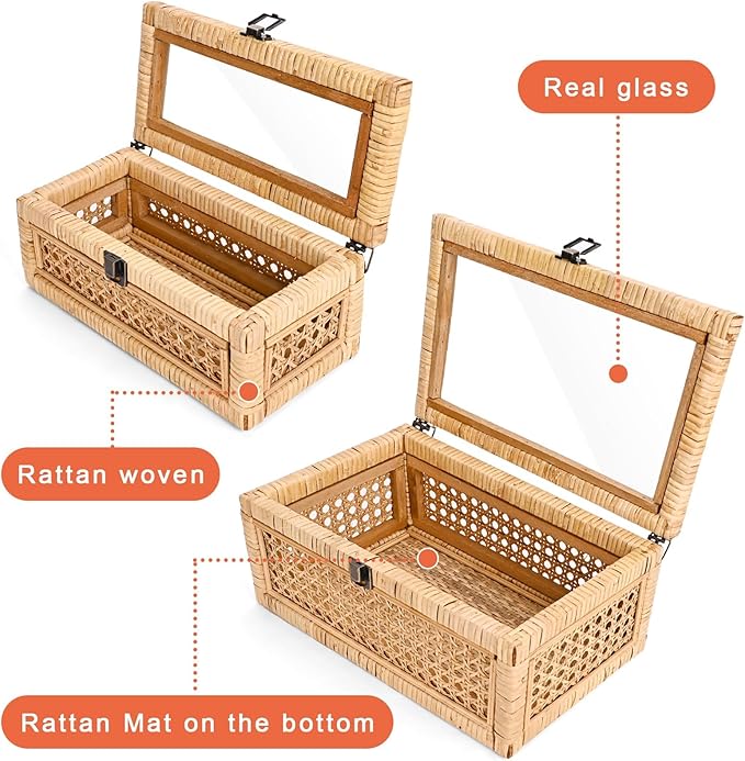 Rattan Decorative Box with Lid, Rectangular Woven with Glass for Display, Set of 2 Wicker for Decor