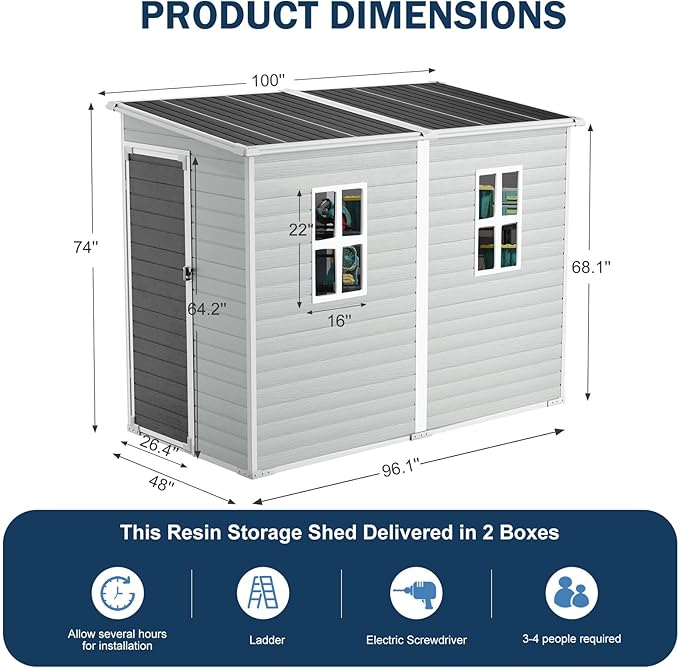 CDCASA 4x8 FT Resin Lean to Shed, Waterproof Outdoor Storage Shed with Floor & Lockable Door & Window, Outside Plastic Tool Shed for Backyard, Patio, Poolside, Lawn, Grey