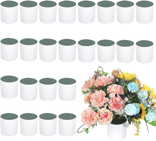 24 Set Plastic Cylinder Planter Box 4 x 4 Inch Flower Boxes for Arrangements White Round Plastic Flower Box with Removable Foam Blocks Liner for Centerpiece Home Wedding Garden Decor (Classic)