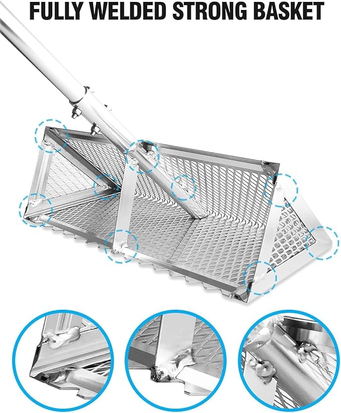 Sand Flea Rake,16-Inches Wide Basket, 52” Long Strong Assembly Handle, Sharp Teeth, Curved Handle Design [3 Pieces Assembly Handle Version]