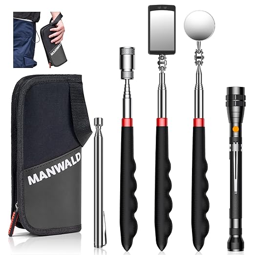 Telescoping Magnetic Pickup Tool Set with Portable Bag, Extendable Flashlight with 360° Inspection Mirror, Christmas Stocking Stuffers for Men Adults, Gifts for Men Mechanics, Handymen, Grey