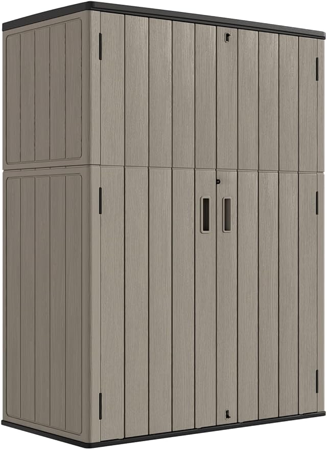 KINYING Outdoor Storage Cabinet Waterproof, 57 Cu.ft Resin Vertical Outdoor Storage Shed for Patio Furniture, Garden Tools, Pool Accessories, Mower Storage (Brown)