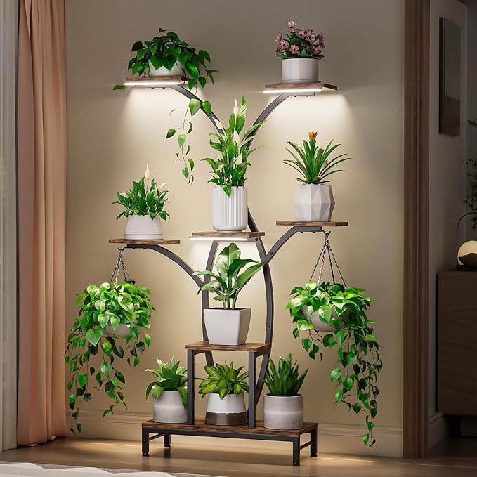 Plant Stand Indoor with Grow Lights - 7 Tiered Metal Corner Shelf for Multiple Plants, 62" Corner Plant Stand for Indoor Plants, Tree-Shaped Plant Rack for Home, Living Room, Office & Patio Decor