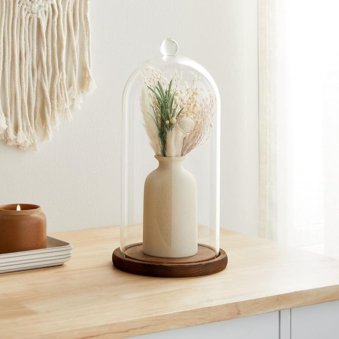 Farmlyn Creek Glass Dome Cloche Display Case - 5.1 x 5.1 x 10 in, Clear Dome & Wood Base - Cloche & Glass Cover - Succulent & Collectible Display