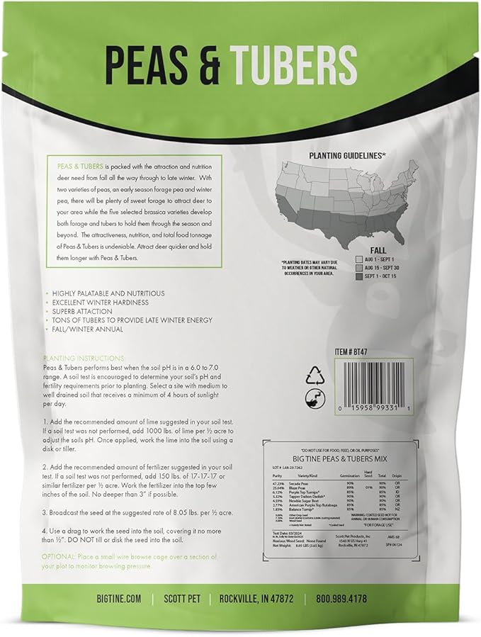 Big Tine Food Plot Mix, Deer Attractant, Peas and Tubers, 8 lbs Bag, Fall/Winter Annual, Contains Early Season Forage and Winter Peas