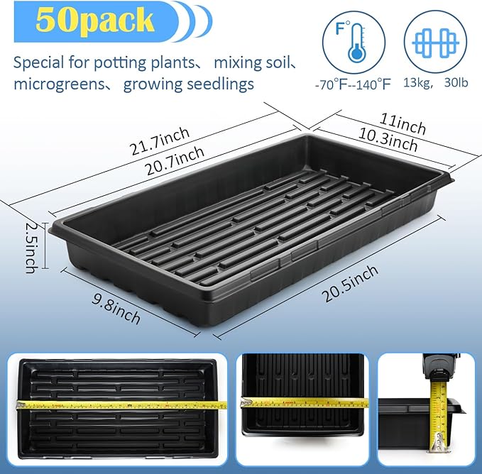 50-Pack Heavy-Duty 1020 Seed Starter Trays, Extra-Thick Plastic Planting Flats for Seed Germination, Microgreens & Seedlings – 21"x11" No-Hole Plant Trays Compatible with 72/128 Plug Inserts