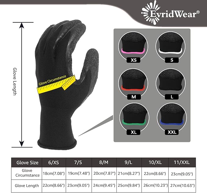 Evridwear Crinkle Latex Rubber Hand Coated Safety Work Gloves for Men Women General Multi Use Construction Warehouse Gardening Assembly Landscaping XS, 12 Pairs Pack