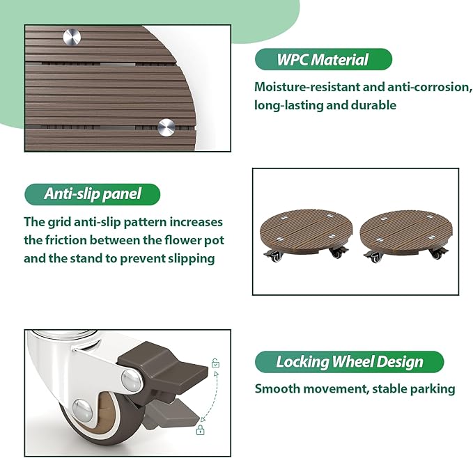 mondaria 2 Pack Plant Caddy with Wheels, 13.8" Wood Plastic Composite Plant Stand, Heavy Duty Round Plant Dolly with Metal 360° Lockable Caster Wheels for Large Plant Pots, Flower Pot ,Dark Brown