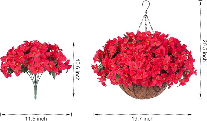 Artificial Fake Hanging Flowers for Outdoors Basket Spring Decor, Bougainvillea Faux Hanging Plants Outdoor Silk Flower in Planter Look Real UV Resistant for Outside Porch Patio Garden Yard Home, Red