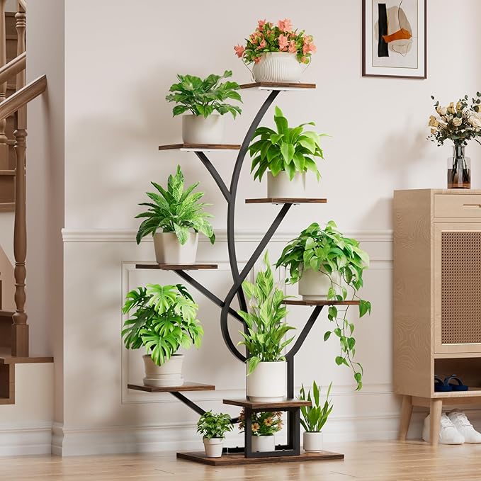 Plant Stand Indoor with Grow Lights - 8 Tiered Corner Plant Shelf Indoor, 50" Tall Lighted Plant Stand for Indoor Multiple Plants, Flower Stands Display Rack Holder for House, Patio, Black