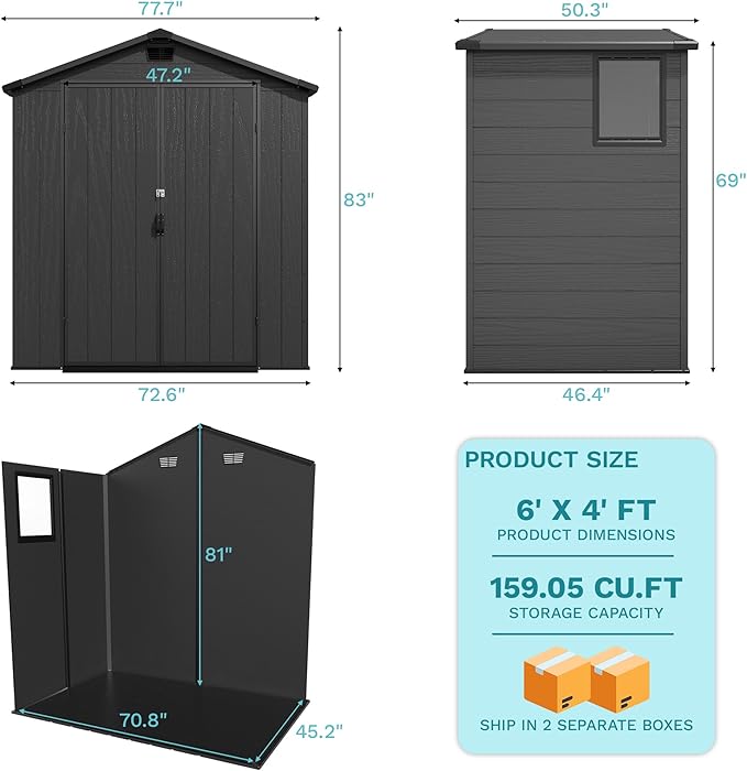 Devoko 6x4 FT Plastic Storage Shed, Outdoor Resin Garden Shed with Floor, Waterproof Tool Storage Shed with Lockable Door and Window for Patio, Garden, Backyard, Dark Gray