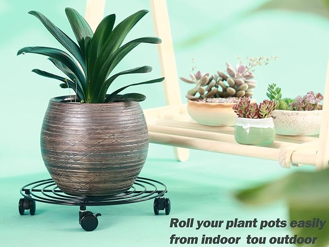 6 Packs 12 Inches Large Metal Plant Caddy with Wheels Rolling Plant Stands Heavy-duty Wrought Iron Plant Roller Base Pot Movers Plant Saucer on Wheels Indoor Outdoor Plant Dolly with Casters Planter Tray Coaster