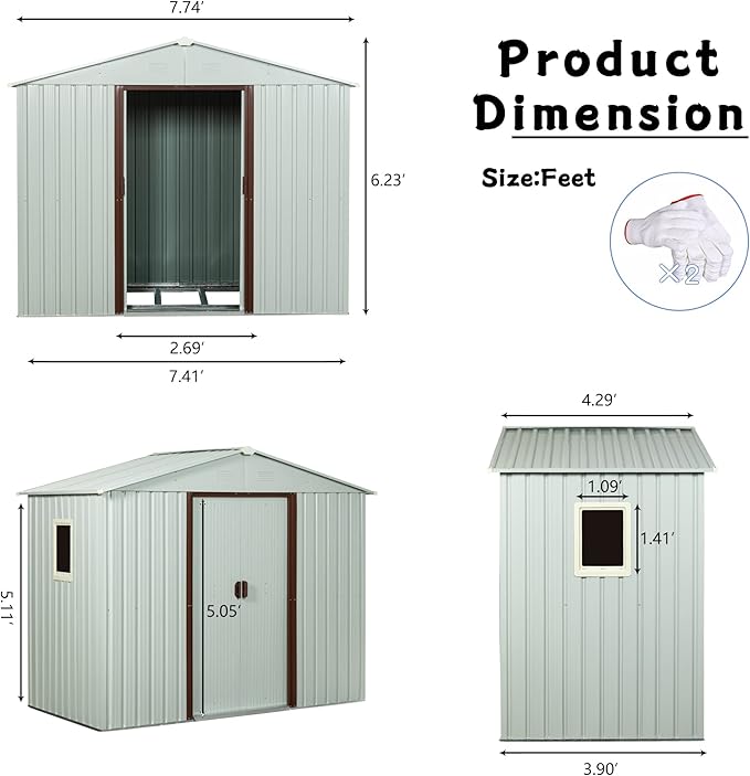 8 x 4 FT Outdoor Storage Shed, Metal Garden Shed with Floor Frame, Tool Shed Outdoor Storage with Lockable Sliding Doors & Window & Air Vents, Storage House Waterproof for Backyard, Lawn, White