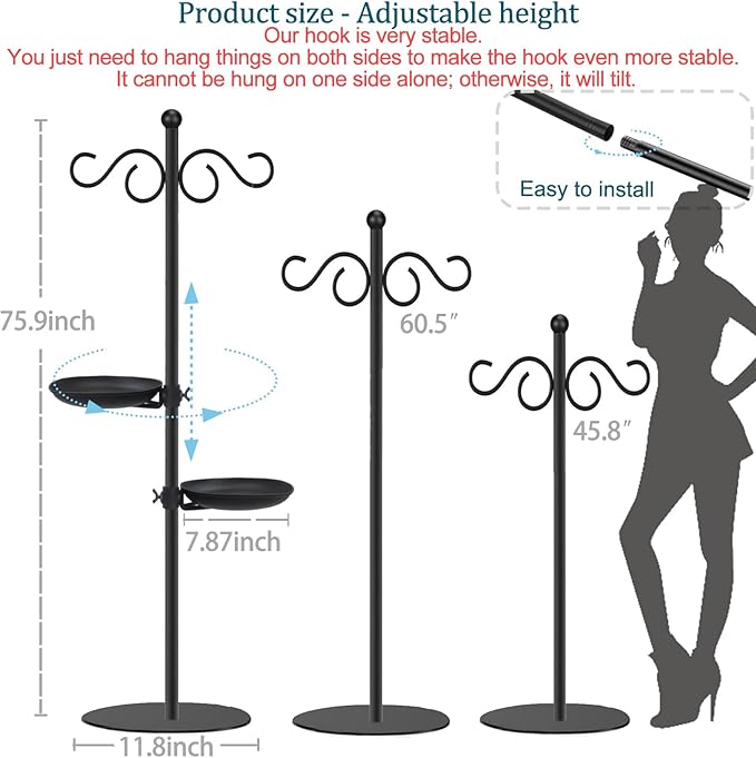 Thickened 74" Shepherd's Hook Stand, Bird Feeder，Floor Hanging Plant Stand，Wind Chime Hanger, Waterproof Metal & Adjustable-Height Standing Pole Holder , Indoor & Outdoor（2 Placement Racks