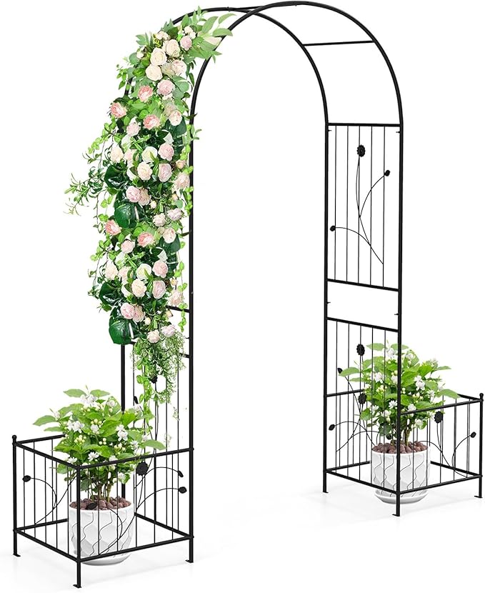 Moccha Garden Arbor with Planters - 86'' Metal Arbor Trellis for Climbing Plants, Ivy, Vines, Outdoor Archway Pergola with 8 Ground Stakes, Garden Arch for Wedding Ceremony Decoration Lawn Patio