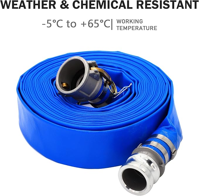 DAVCO 2" ID × 50 ft PVC Lay Flat Discharge Hose, Heavy Duty Reinforced Blue Pool Backwash Hoses For Swimming Drain Pools, with Aluminum Camlock C and E Fittings, Cam Lock Fitting Type F included
