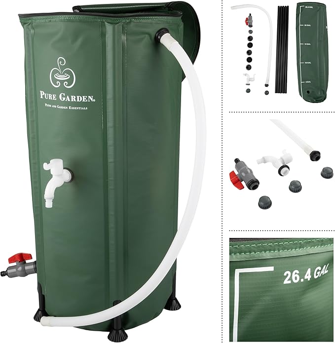 Rain Barrel - 26.4-Gallon/100-Liter Collapsible Water Container for Catching Rainwater - Portable Water Tank with Spigot by Pure Garden (Green