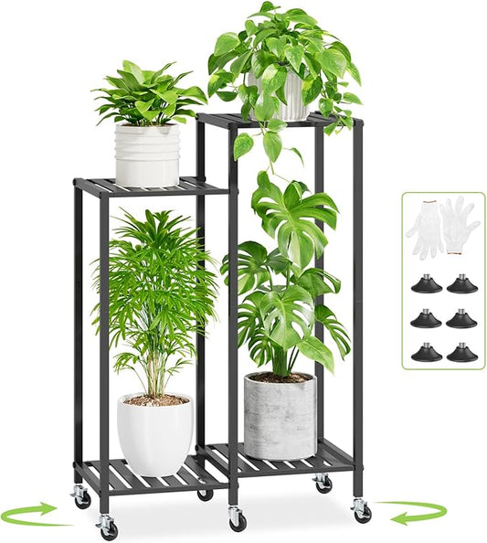 iDavosic.ly 4 Tier Plant Stand Indoor with Wheels, Metal Tiered Corner Flower Holder Shelf Outdoor for Large Pots, Tall Rolling Rack for Patio Porch Garden Balcony Living Room, Modern Black