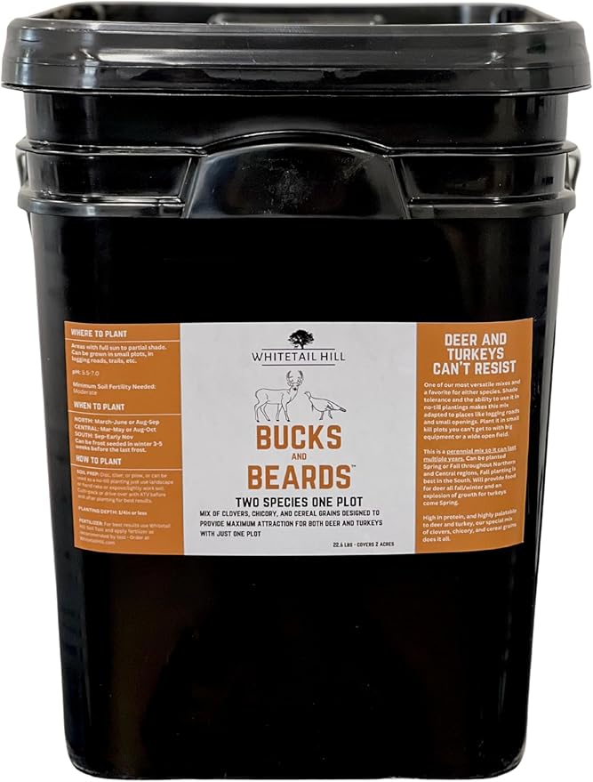 Bucks and Beards Food Plot Seed Mix for Deer and Turkeys, 1/4 Acre or 2 Acres, Two Species One Plot, Mix of Clovers, Chicory, and Cereal Grains, Maximum Attraction (2 Acres (22.6lbs))