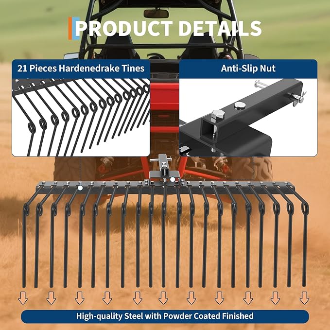60" 3-Point Tractor Landscape Rake, Pine Straw & Yard Waste Cleaner, Cat 0/1 Hitch Compatible, Powder Coated Steel Blades, Orange