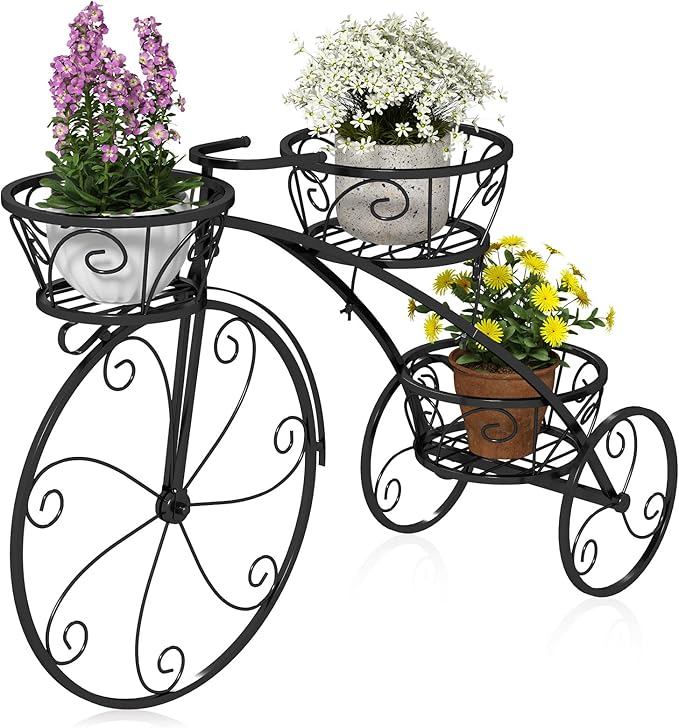 Tricycle Plant Stand, 3-Tier Metal Plant Stand Bicycle Flower Pot Cart with Hollowed Baskets, Planter Potted Holder for Patio, Garden, Deck, Lawn (Black)