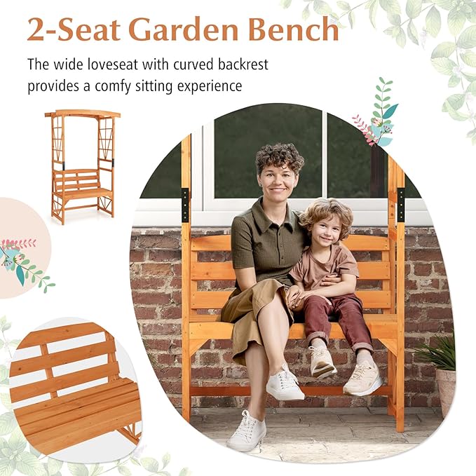 Giantex Garden Arbor with Bench - Wooden Garden Arch Trellis for Climbing Plants Vines, 2-Person Outdoor Bench, 48''W x 75''H Patio Archway for Lawn Wedding Party Ceremony Backyard Decor