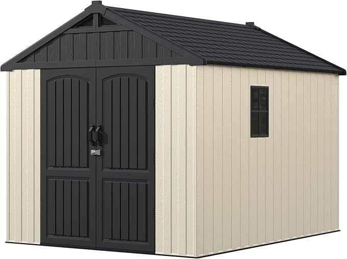 Devoko 8 x 10 FT Plastic Outdoor Storage Shed with Floor, Garden Resin Tool Sheds with DIY Window and Lockable Door, Beige Kick-it Shed for Patio, Backyard, Lawn