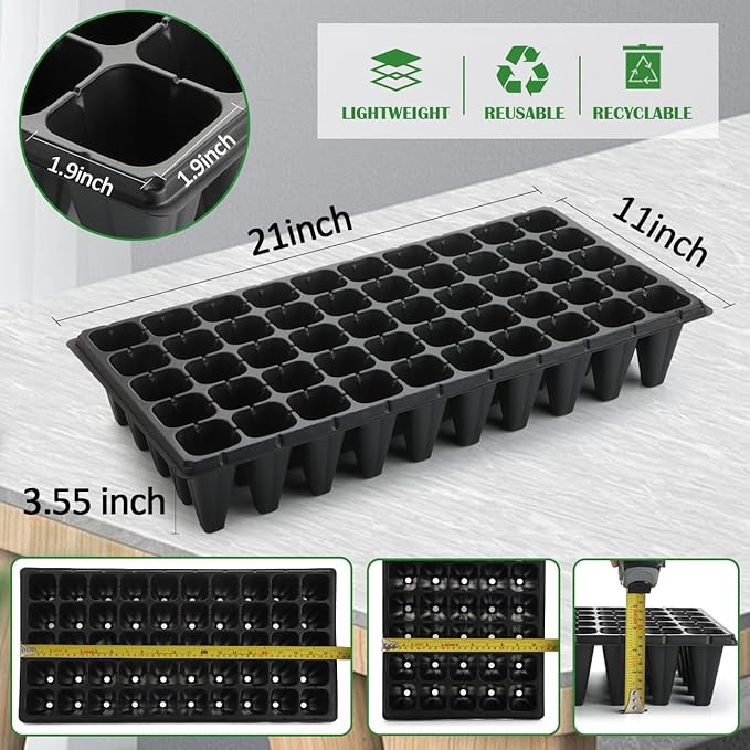 50-Pack Extra-Deep 50 Cell Seed Starter Trays, 3.55" Cone-Shaped Plug Trays for 1020 Flats, Heavy-Duty Plastic Germination Trays for Greenhouse, Garden & Urban Farming